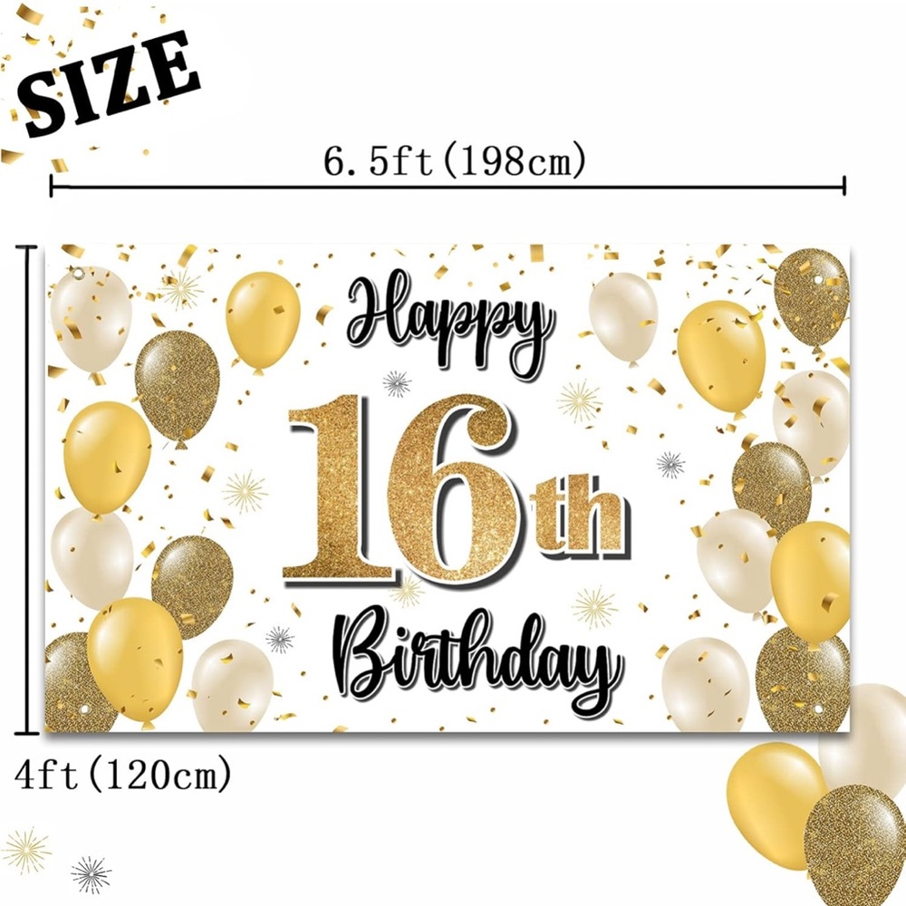 Happy 16th Birthday Backdrop Banner - Gold and White